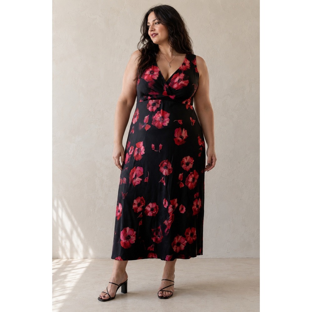 Vintage 90s Y2K Venezia Black Red Poppy Floral Maxi Dress Whimisgoth Romance 22W